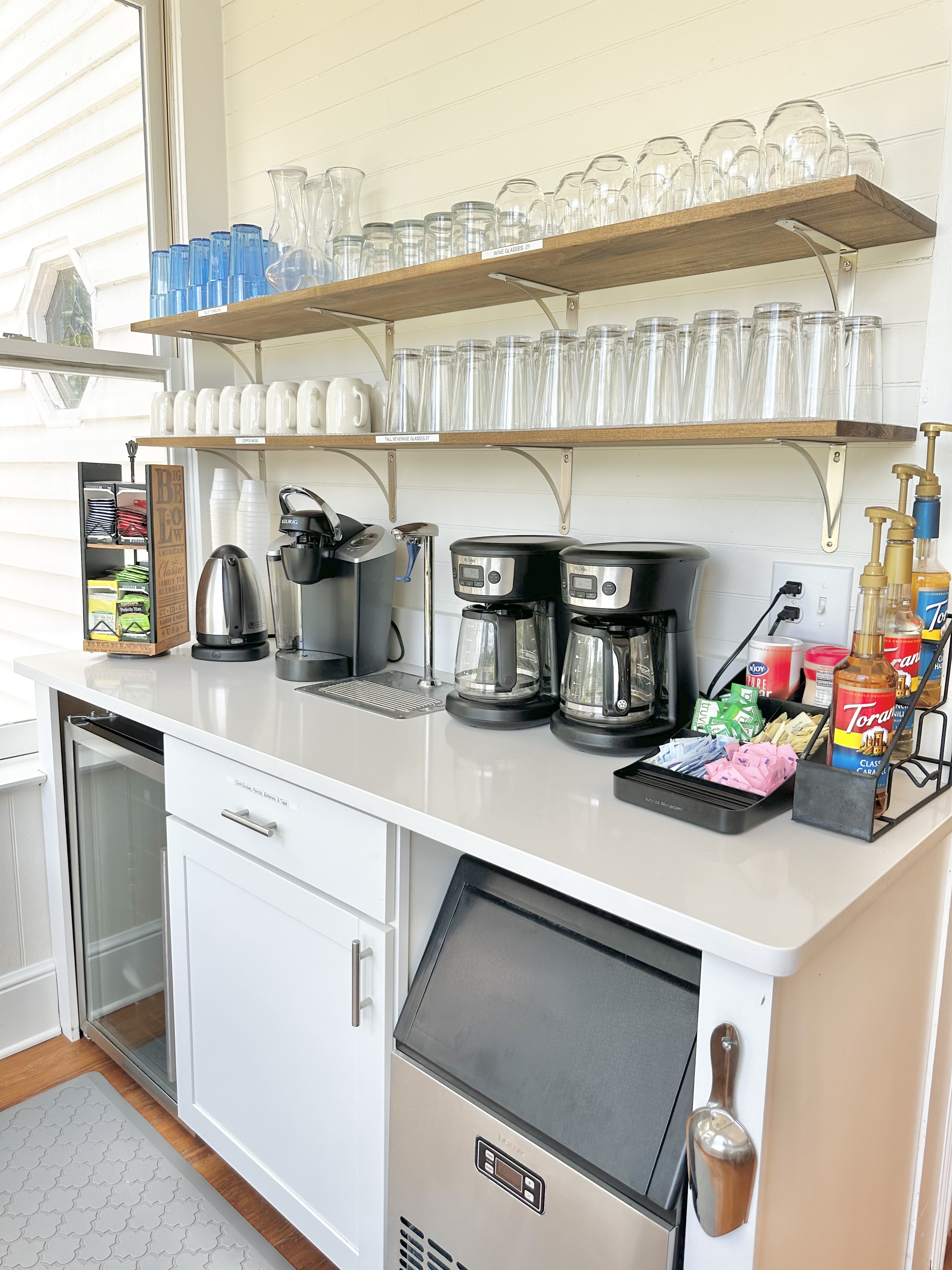 Coffee Station in the dining area for all the coffee LOVERS! We Supply an assortment of syrups, sugars, and teas and powdered creamer.